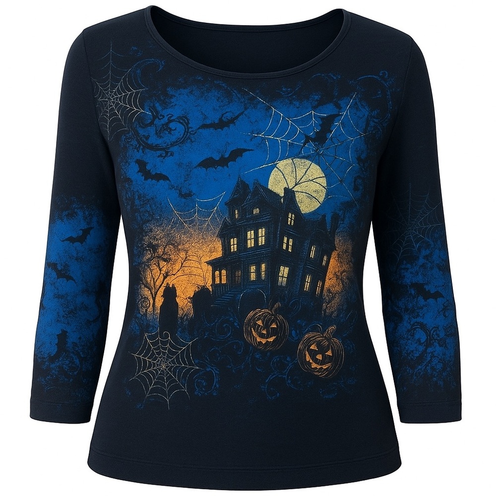 Halloween Haunted House Top L All-Over Print Black‎ Costume Office Party Sweater